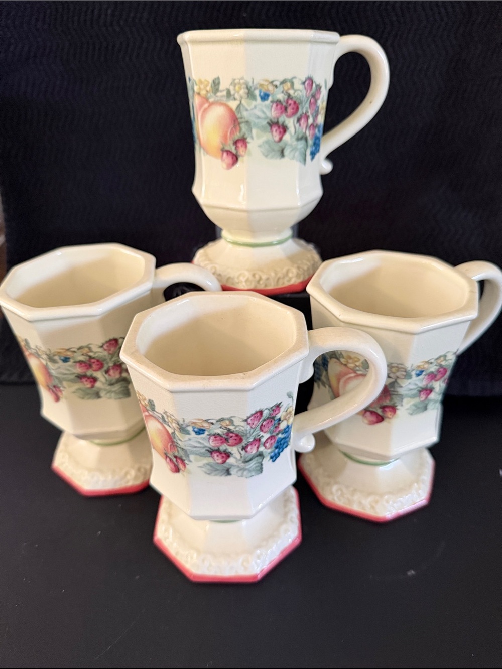 Vintage Avon Cream & Floral Ceramic Pedestal Mugs - Set of 4